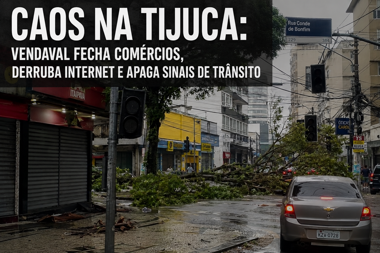 Caos na Tijuca: Vendaval Fecha Comércios, Derruba Internet e Apaga Sinais de Trânsito