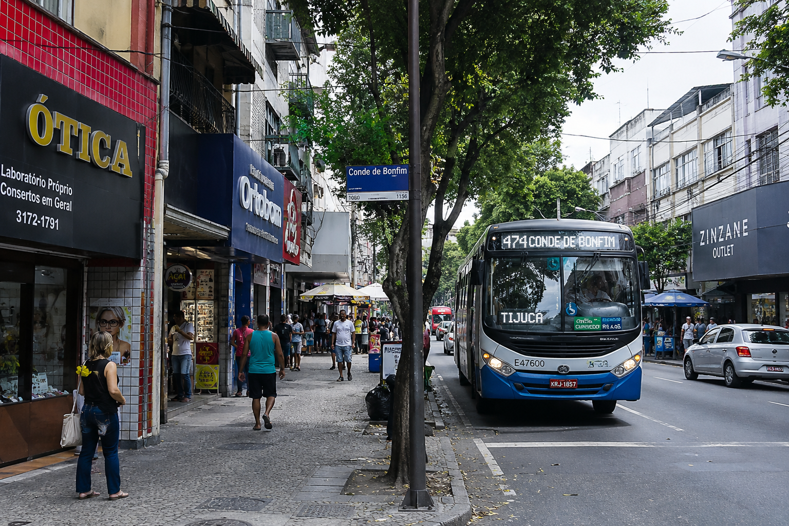 A diversidade de comércios e transportes na Rua Conde de Bonfim, Tijuca