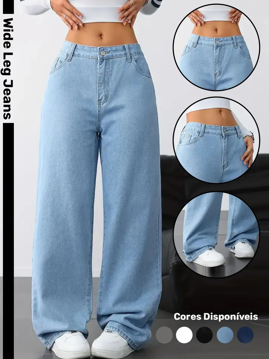 Calça Wide Leg Jeans Feminina Reta Perna Larga Empina Bumbum Nova